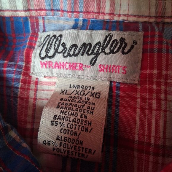 Wrangler Wrancher Shirt Women XL Western Pearl Snap Red Blue Plaid Rodeo Ranch - Picture 4 of 14